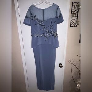 💙 Gia Franco Slate Blue Beaded Peplum Maxi Dress | Sheer Overlay | Formal
